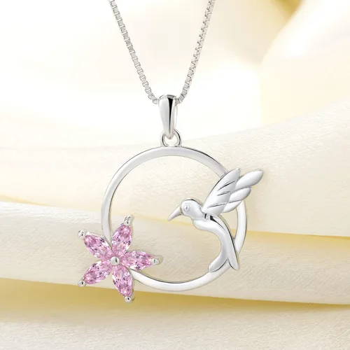 Vista 4 de YL Collar de colibrí de plata de ley con colgante de flores y piedras preciosas para mujer