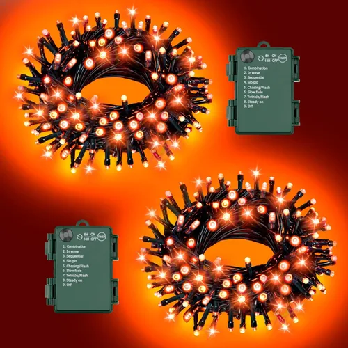 Vista 9 de Luces de Cadena de Halloween Total 100LED Operadas por Batería Exteriores 8 Modos con Temporizador 16.4Pies*2, 50LED*2 Luces de Hadas Impermeables