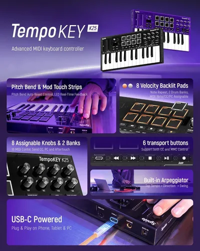 Vista 2 de Synido 25 Key USB MIDI Keyboard Controller with 8 Drum Pads, Professional Mini Midi Keyboard with OLED Screen, Beat Maker Machine for Music Negro