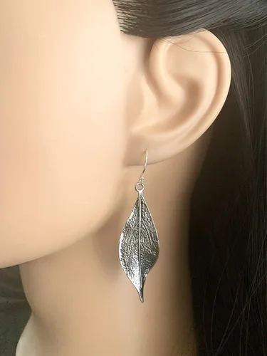Vista 7 de Wavy Leaf on Sterling Silver Dangle Earrings Bohemian Boho