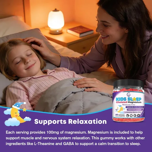 Vista 6 de Gomitas para dormir para niños, sin melatonina, gomitas para ayudar a dormir con magnesio y calcio, zinc, glicina, L-teanina, GABA, vitamina D3 K2