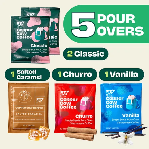 Vista 2 de Copper Cow Coffee Café vietnamita premium para verter sobre una sola porción Paquete variado de Best Brews (incluye 5 cafés), negro clásico