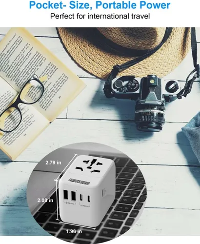Vista 7 de Adaptador de viaje universal, adaptador de enchufe de alimentación internacional con 3 puertos USB-C y 2 puertos USB-A, cargador de pared todo