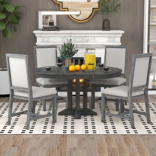 Vista 12 de Farmhouse - Juego de mesa de comedor de 5 piezas, mesa de comedor redonda extensible con 4 cómodas sillas tapizadas, juego de muebles funcionales