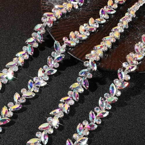 Vista 2 de BBTO Adorno de cadena de diamantes de imitación, adorno de cristal para boda, disfraz de novia, cadena de hojas de flores, costura, adornos