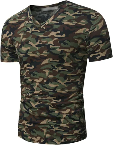Vista 2 de JEsilunmaMY Camiseta casual de camuflaje con cuello en V para hombre, camiseta de manga corta de camuflaje muscular, para entrenamiento, gimnasio