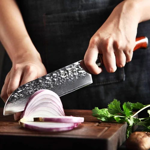 Vista 9 de YARENH Santoku - Cuchillo de chef de cocina afilado de 73 capas, acero de damasco, resistente a la corrosión, mango de sándalo