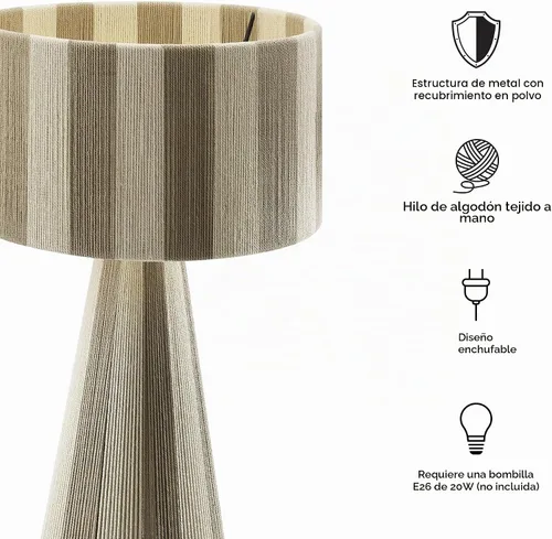 Vista 2 de Modway Renae - Lámpara de mesa vintage moderna de hilo de algodón en Cobblestone - Lámpara de acento boho retro única con base de metal y diseño
