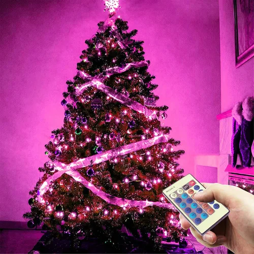 Vista 5 de RUICHEN Guirnalda de luces LED de 33 pies con 100 luces LED enchufables, impermeables, regulables, alambre de cobre, luces de luciérnaga estrellada