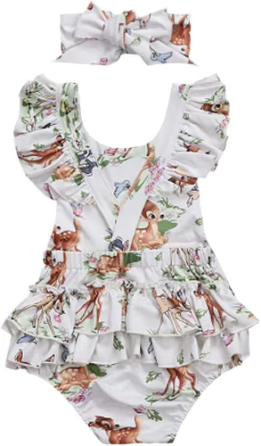Vista 2 de Mameluco de Navidad para niñas y bebés con diadema con volantes manga volada sin espalda traje de sol para cumpleaños