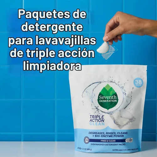 Vista 6 de Seventh Generation Paquetes de detergente para lavavajillas de triple acción limpiadora automática con poder de bio-enzima, libre y transparente
