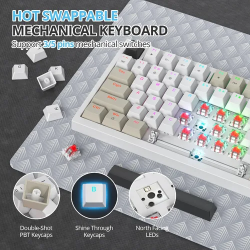 Vista 4 de Junta de teclado 75% montada con almohadillas absorbentes de sonido, teclado mecánico RGB compacto con cable de 82 teclas para juegos, enchufe
