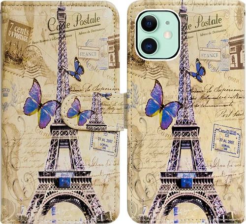 Vista 6 de Bcov Funda para iPhone 12 Pro/iPhone 12, Postal de la Torre Eiffel multifunción Funda de cuero con múltiples ranuras para tarjetas, correa de muñeca