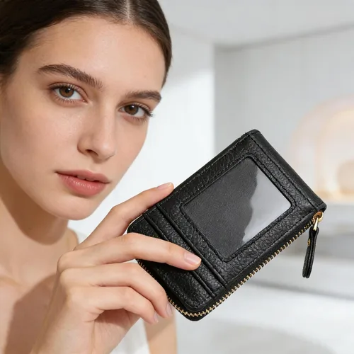 Vista 4 de RNIEGA Cartera pequeña para tarjetas de crédito, ligera, de cuero vegano, acordeón con cremallera, cartera para tarjetas de moda Rfid para mujer