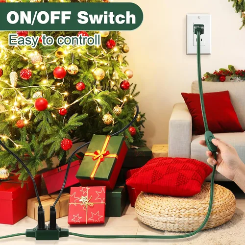 Vista 6 de Enhon 1 Pieza Cable de Extensión Verde de 15 Pies con 9 Tomacorrientes e Interruptor de Encendido/Apagado, Cable de Extensión de Luz para Árbol