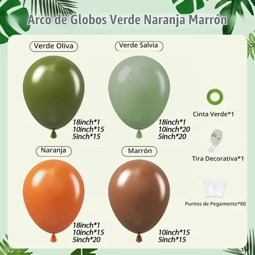 Vista 2 de Kit de guirnalda de globos de dinosaurio de 141 piezas, globos latxe marrones, naranjas, verde salvia para decoración de fiesta temática de jungla