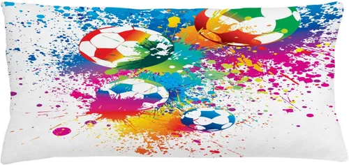 Vista 26 de Ambesonne Funda de cojín de fútbol, salpicaduras de colores en todas las pelotas de fútbol puntuación del campeonato de la Copa del Mundo Atlético