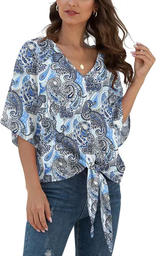 Vista 36 de VIISHOW Womens Tie Front Chiffon Blouses V Neck Batwing Short Sleeve Summer Tops Shirts Albaricoque
