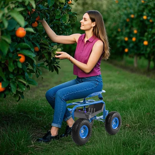 Vista 9 de Goplus Carrito de jardín rodante con asiento, taburete de jardín al aire libre con ruedas, bandeja de herramientas y cesta, mango de dirección