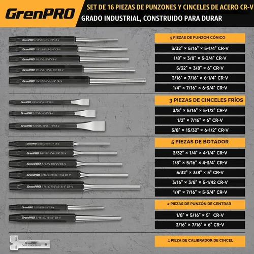 Vista 7 de GRENPRO Juego de cinceles perforadores resistentes de 16 piezas, 40CrV