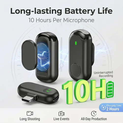 Vista 12 de Mini micrófono inalámbrico para iPhone Android, mini micrófono para grabación de video, micrófono profesional de solapa Plug & Play con reducción