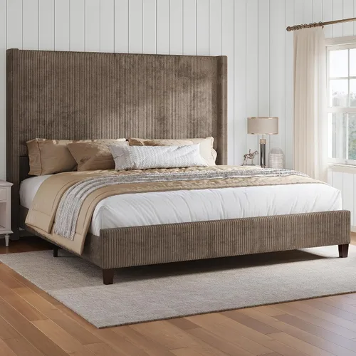 Vista 10 de HOWE - Base de cama tapizada tamaño Queen con cabecera de ala de 61 pulgadas de alto, color negro