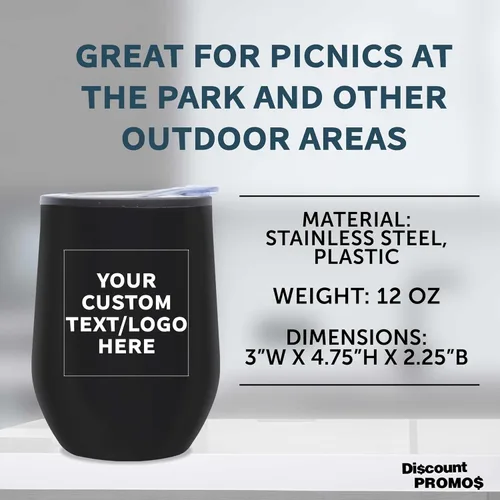 Vista 4 de DISCOUNT PROMOS Vasos de vino personalizados sin tallo de 12 onzas, juego de 6/12/24, paquete a granel personalizado, aislados, perfectos para vino