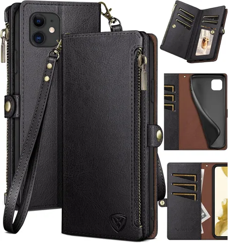 Vista 13 de XcaseBar Funda tipo cartera compatible con iPhone 11 de 6.1 pulgadas con cremallera y tarjetero de crédito con bloqueo RFID, funda de piel sintética