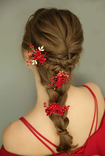 Vista 3 de Accesorio para el pelo de novia, peine de flores rojas con diamantes de imitación y perlas para mujeres, novia, graduación, fiesta, noche