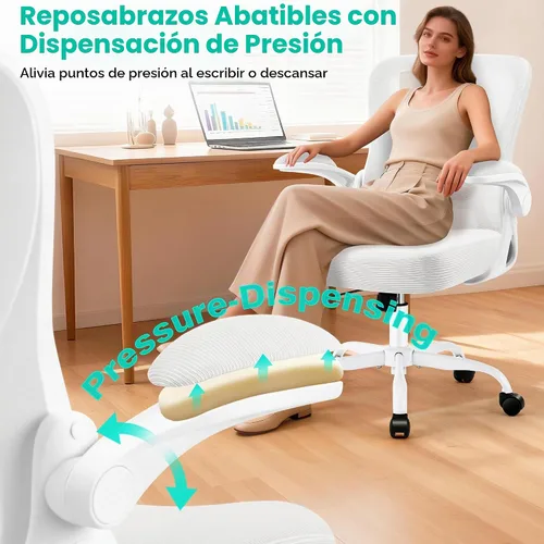 Vista 7 de AreShark Silla de oficina – Silla de escritorio ergonómica de malla transpirable con soporte lumbar ajustable y reposabrazos abatibles – Silla Blanco