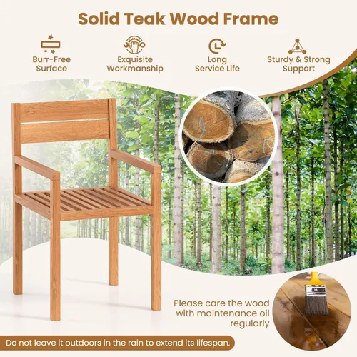 Vista 6 de HAPPYGRILL Silla de comedor de madera de teca, sillón de muebles de madera para exteriores con asiento y respaldo de listones, para patio trasero