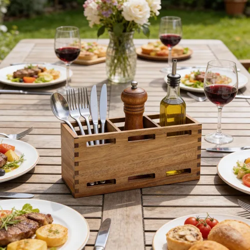 Vista 7 de Organizador de cubiertos de madera de granja, organizador de utensilios de madera de acacia, organizador para cocina, fiesta, tenedor, cuchara