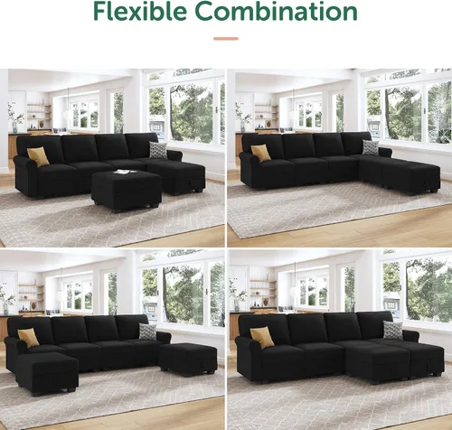 Vista 4 de HONBAY - Sofá seccional con asiento de almacenamiento de terciopelo, en forma de U, con tumbona reversible, sofá seccional convertible para sala