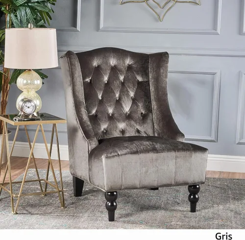 Vista 4 de Sillón decorativo de respaldo alto, forrado de tela, de Clarice, Terciopelo Gris