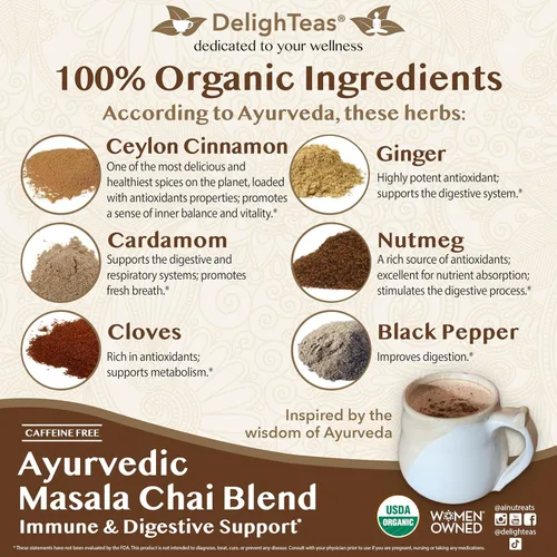 Vista 5 de DelighTeas Masala Chai orgánico en polvo con taza de té inspiradora Especias ayurvédicas para té chai latte, batido, cocina Sin azúcar, vegano
