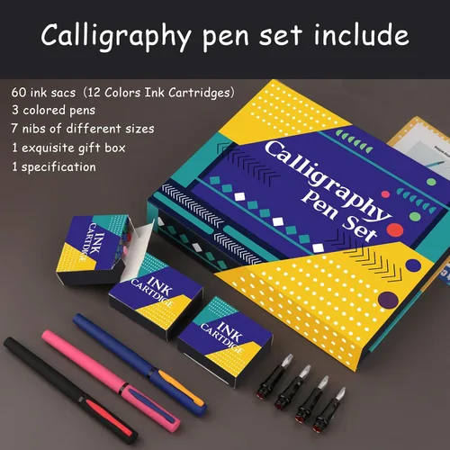 Vista 3 de Juego de bolígrafos de caligrafía Aifeiter, plumas estilográficas de caligrafía con 7 puntas reemplazables diferentes con 60 cartuchos de tinta