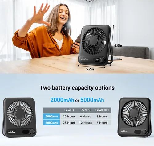 Vista 6 de WHATOOK Ventilador personal de escritorio pequeño: 5000 mAh 25 horas de batería de oficina, silencioso mini ventilador de escritorio portátil