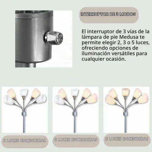 Vista 9 de LIGHTACCENTS Lámpara de pie Medusa de 5 luces para dormitorio – Lámpara de pie con múltiples cabezas y 5 pantallas de acrílico blanco, lámpara araña