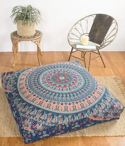 Vista 10 de Popular Handicrafts Funda de cojín de suelo – Funda de cojín de mandala de elefante hippie grande de algodón – Funda de puf redonda bohemia Azul