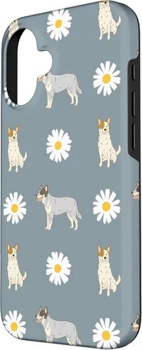 Vista 2 de Funda azul para iPhone 16 con diseño de perro Heeler y margarita azul polvoriento