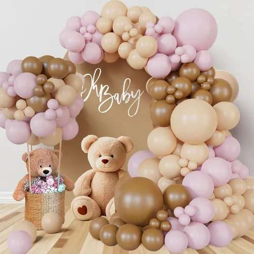 Vista 12 de ECEAE Kit de arco de globos con tema de oso color azul claro, beige, marrón claro y marrón, globos crema, guirnalda de globos para decoración