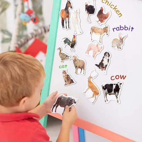 Vista 8 de Imanes de nevera para niños pequeños – magdum – Juego de 85 juegos zoológico + granja + fruta + verdura – Animales magnéticos reales