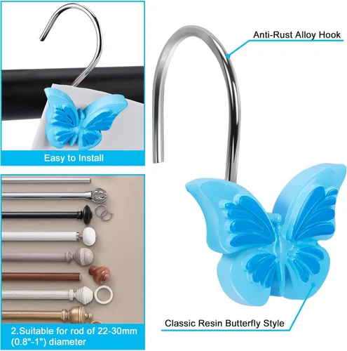 Vista 4 de AGPTEK Ganchos para cortina de ducha, ganchos decorativos de mariposa para baño, habitación de bebé, dormitorio, decoración de sala de estar (azul)