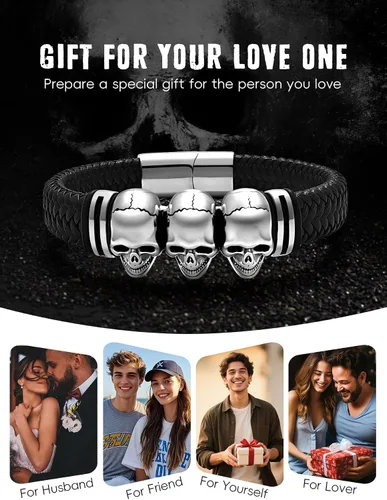 Vista 6 de Pulseras de cuero trenzado de calavera gótica para hombres y mujeres, acero inoxidable 316L, chapado en oro de 18 quilates, pulsera de cuero tejida