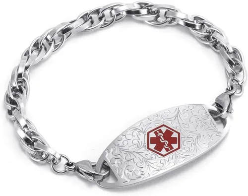 Vista 7 de Pulsera de identificación de alerta médica, cadena de acero inoxidable intercambiable con etiqueta de filigrana, pulseras de identificación