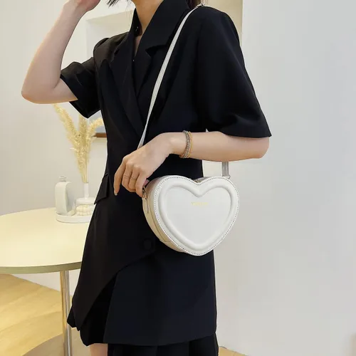 Vista 6 de Bolso de hombro cruzado con forma de corazón, bolso de hombro de piel sintética para mujer
