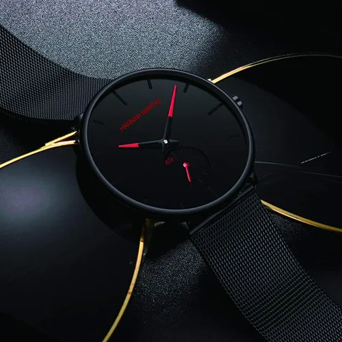Vista 4 de HANNAH MARTIN Reloj de pulsera ultrafino negro para hombre, vestido impermeable de moda, correa de acero inoxidable
