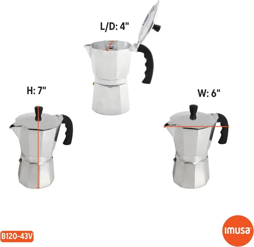 Vista 2 de IMUSA USA B120-43V, Cafetera de expreso de aluminio para estufa de 6 tazas, plateada