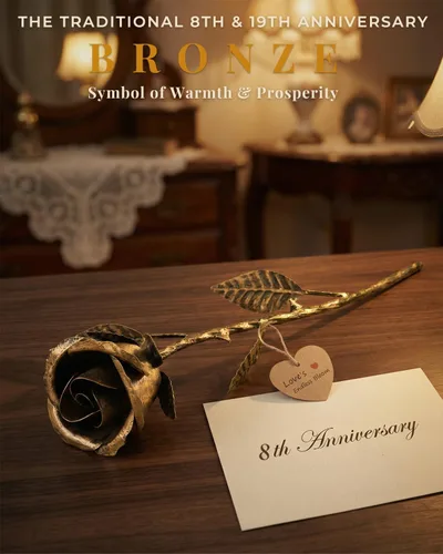 Vista 2 de Rosa de bronce hecha a mano, regalo de boda del 8 y 19 aniversario para esposa, recuerdo de flores de metal sólido, regalo de aniversario de boda