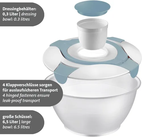 Vista 6 de Westmark Ensalada Butler Bowl con asa y aderezo, Volumen: 6.5 litros, Plástico, Práctico, Transparente/Blanco/Azul, 2422227B Incoloro